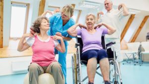 Seniors enjoying wellness activities in an assisted living facility