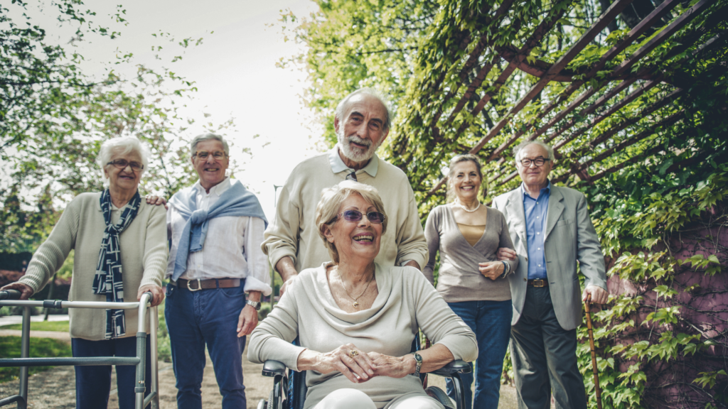 Seniors socializing at an assisted living community.