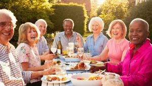 Seniors celebrating healthy holiday eating with joy and companionship.