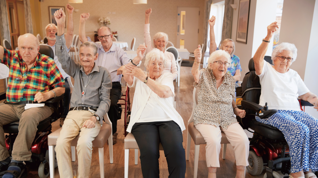 senior residents engaging in a group activity at an assisted living facility.
